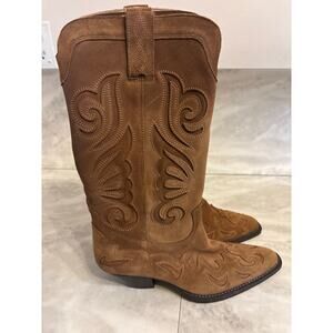 Mango MNG Women’s Leather Cowboy Boots Cutouts Brown Block Heel Size 7.5 New
